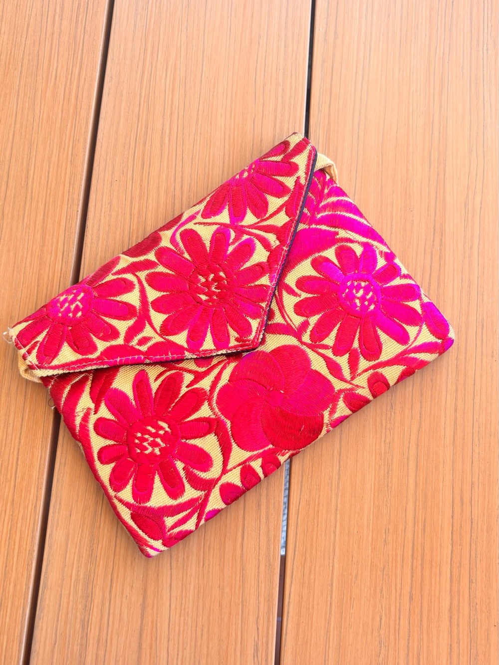 MEXICANA Gold and Red Floral Embroidered Envelope Clutch - Handmade
